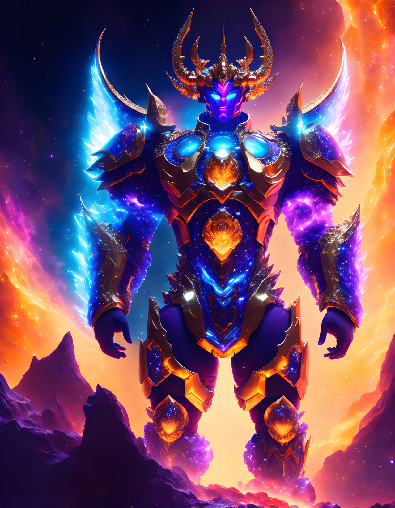 Fantastical armored being with glowing horns and wings in cosmic sky