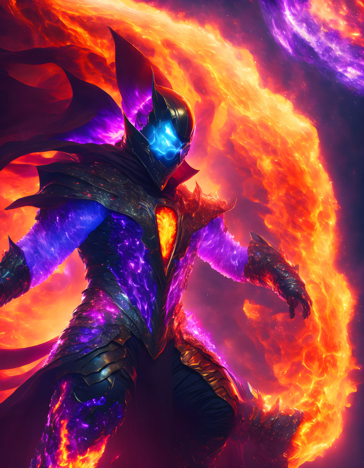 Colorful Armored Figure with Glowing Blue Face and Orange Heart in Fiery Background