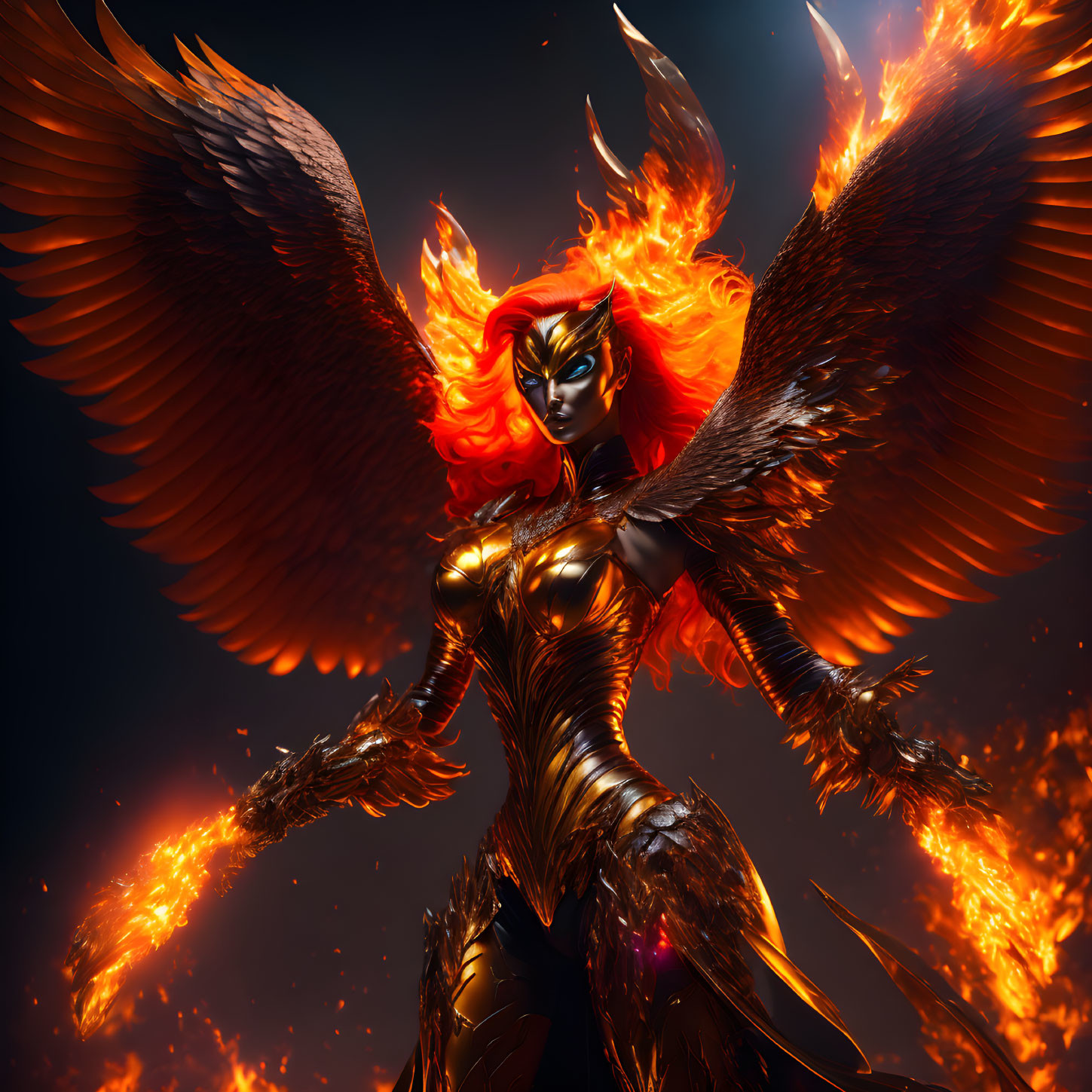 Illustrated fiery female figure with glowing wings in golden armor on dark ember-filled background