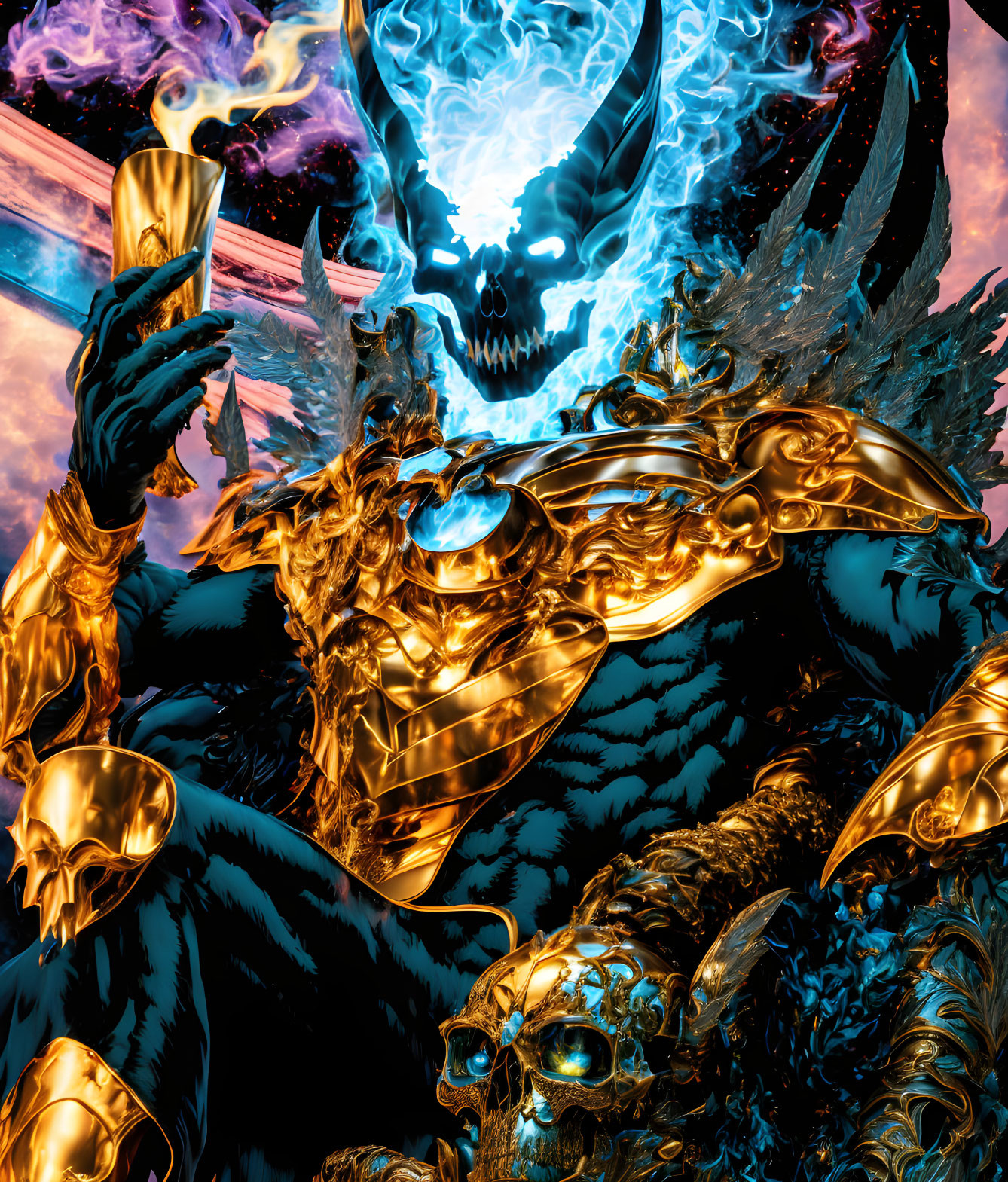 Demonic figure in gold armor engulfed in flames