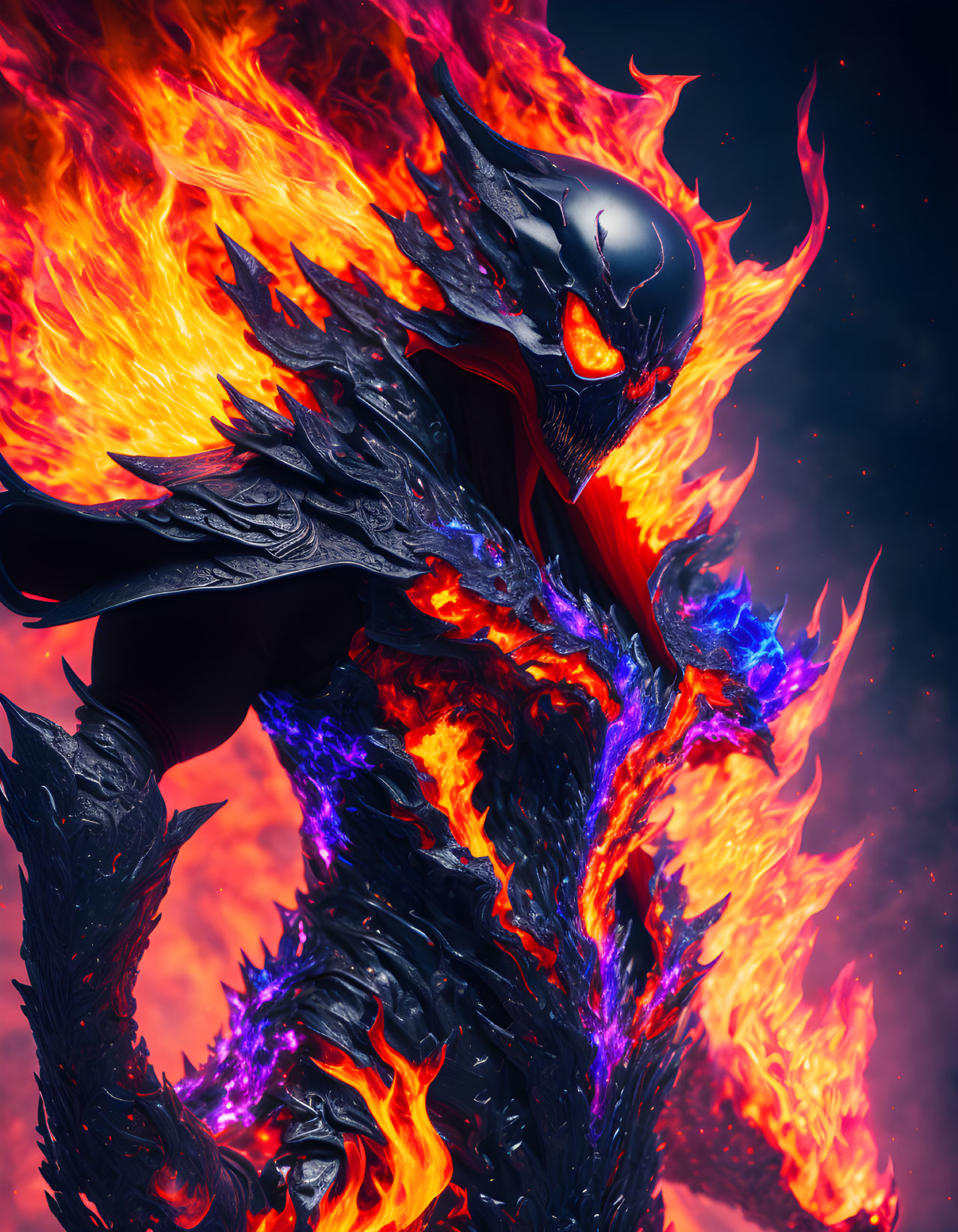 Armored figure with flaming body and purple highlights on dark backdrop