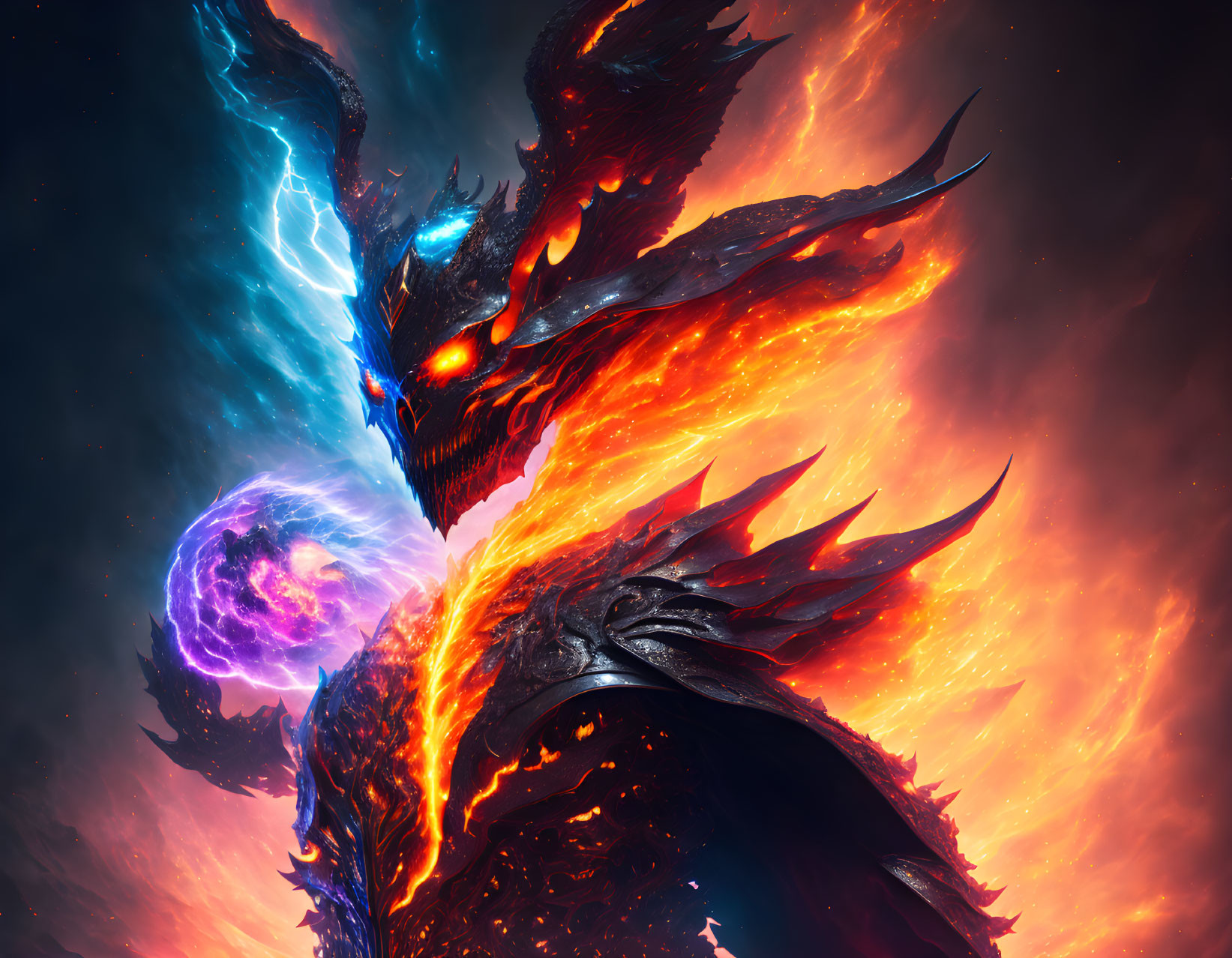 Fiery dragon with glowing eyes and molten lava-like scales in cosmic scene