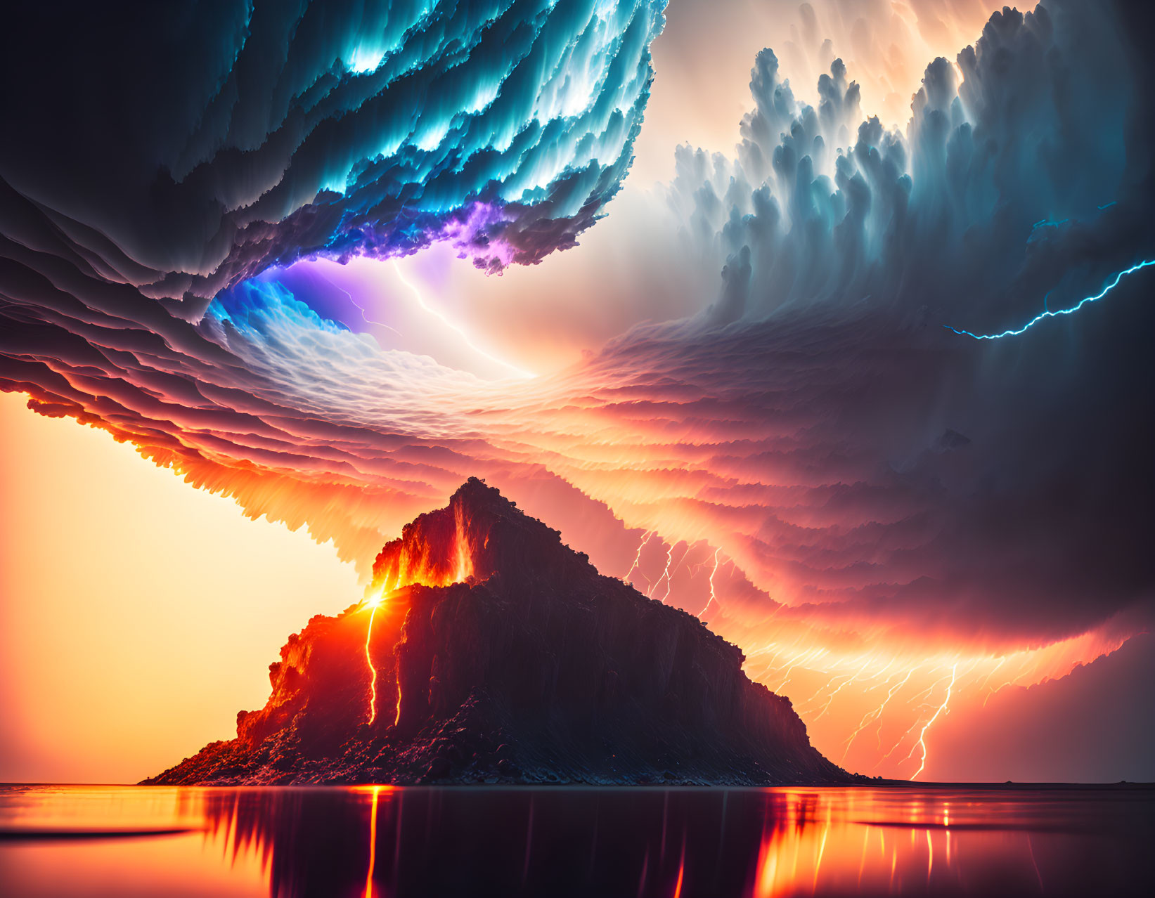 Dramatic landscape with central mountain, swirling clouds, lightning, and colorful sky reflection