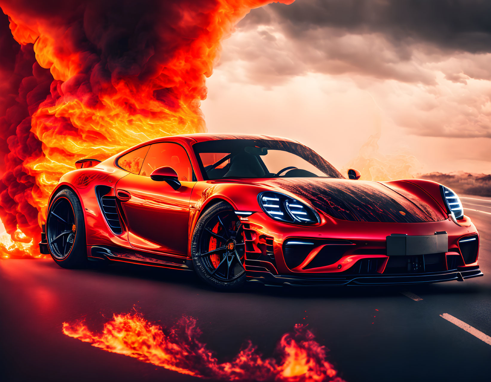 Red sports car racing with fiery explosion in dramatic sky