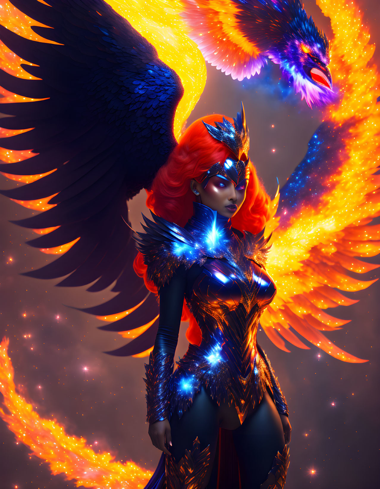 Digital artwork: Female warrior with red hair and phoenix in cosmic setting