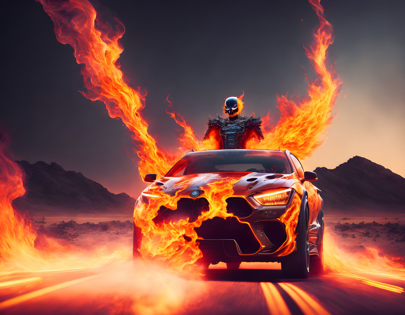 Armored figure on car engulfed in flames in desert scene