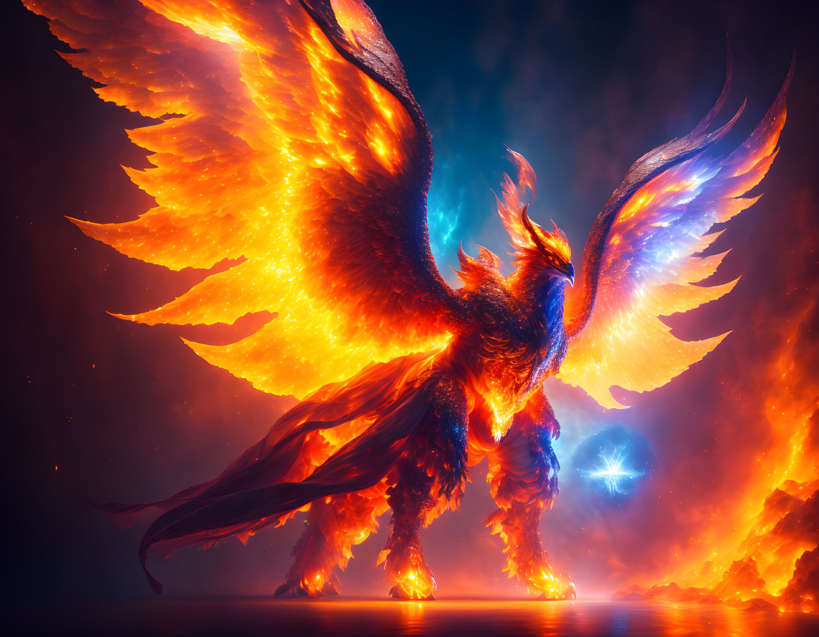 Majestic Phoenix with Fiery Wings Against Flames