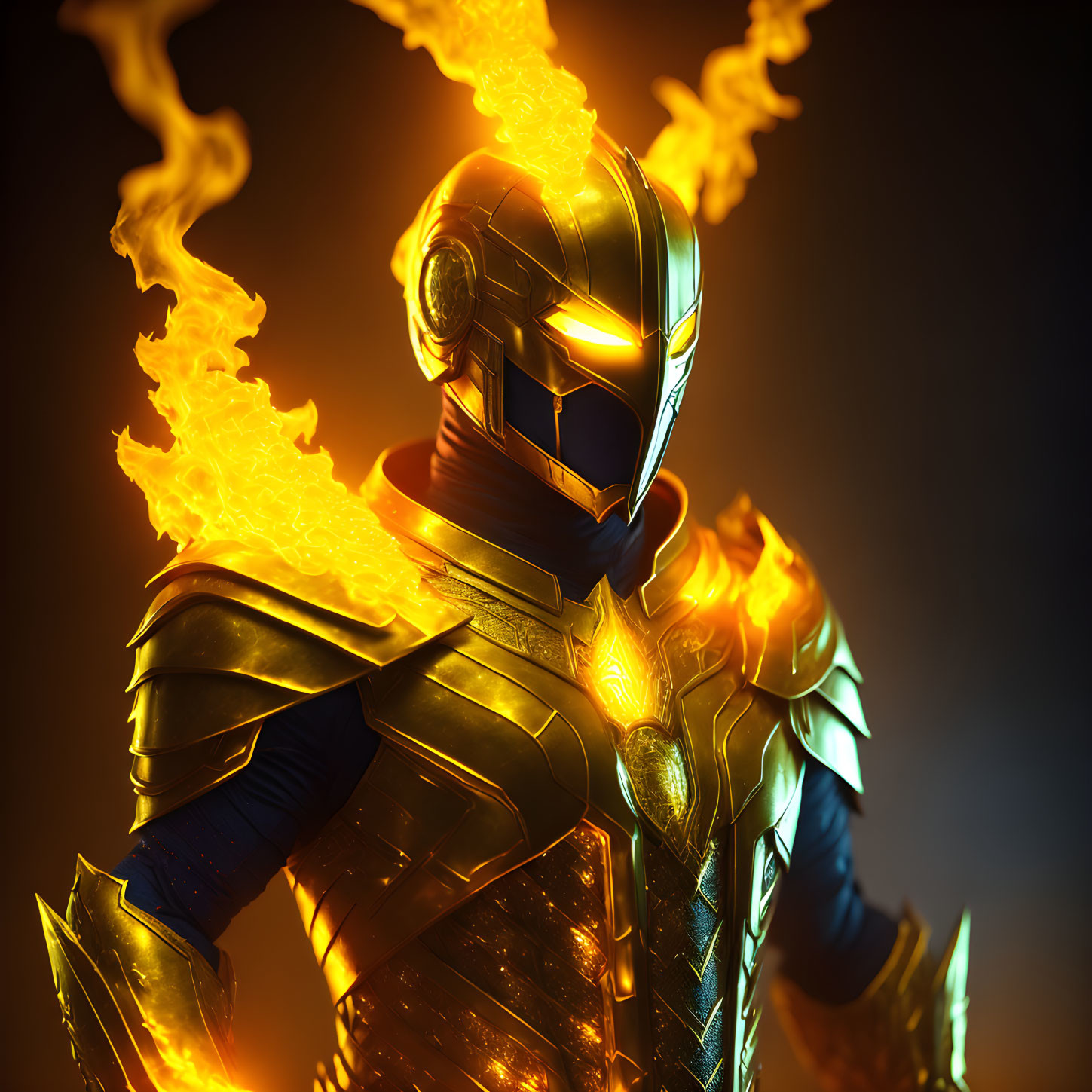 Futuristic warrior in golden armor engulfed in flames