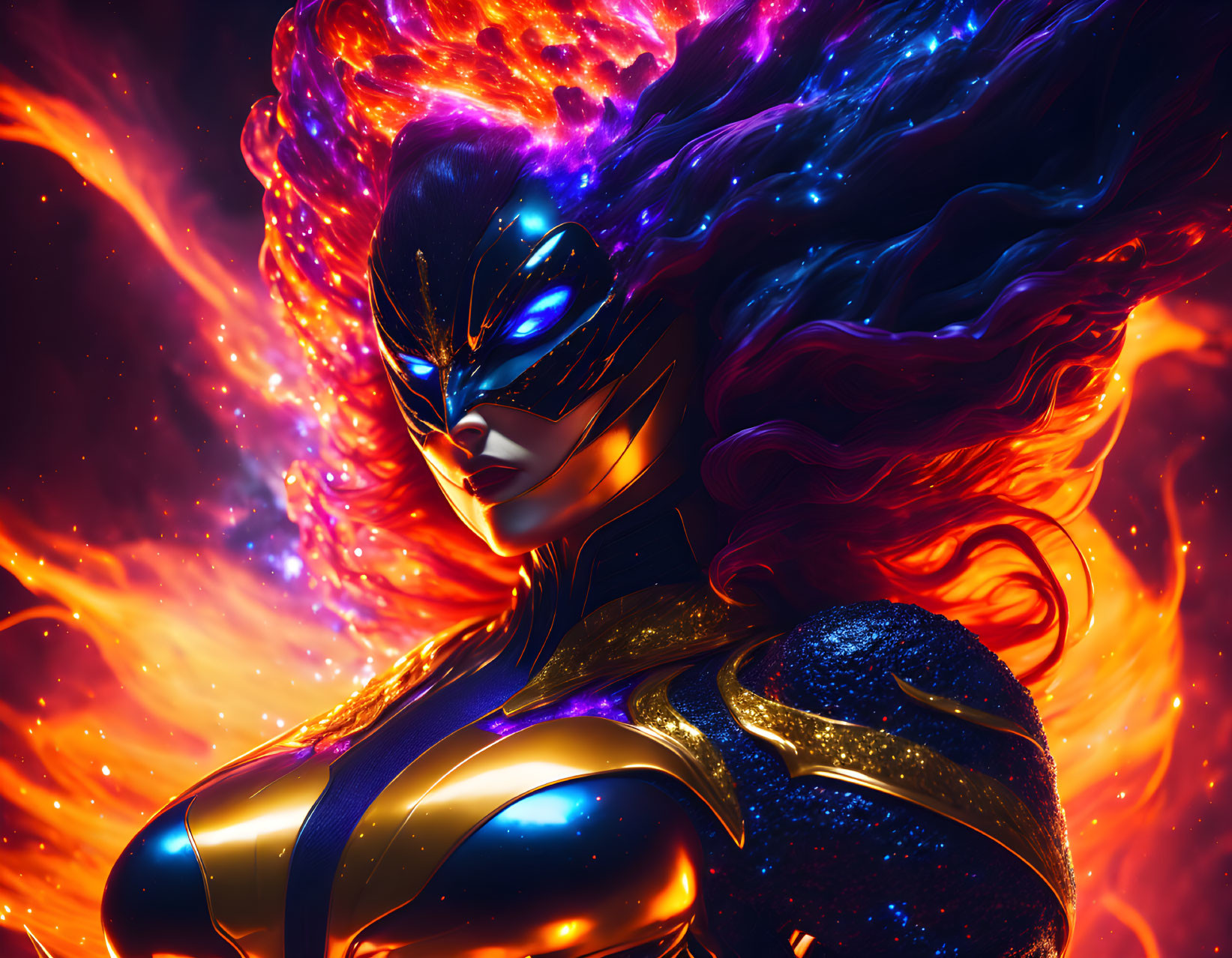 Colorful Female Superhero Artwork with Cosmic Background