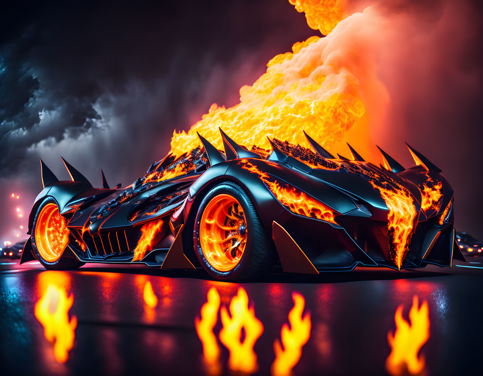 Futuristic black car with sharp edges and orange glowing wheels in front of explosive fire eruption