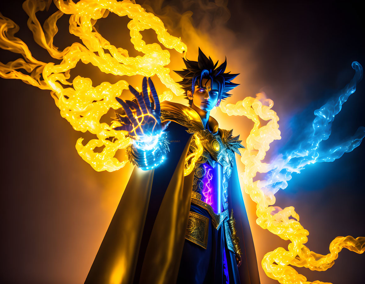 Majestic figure in royal blue and gold surrounded by swirling flames