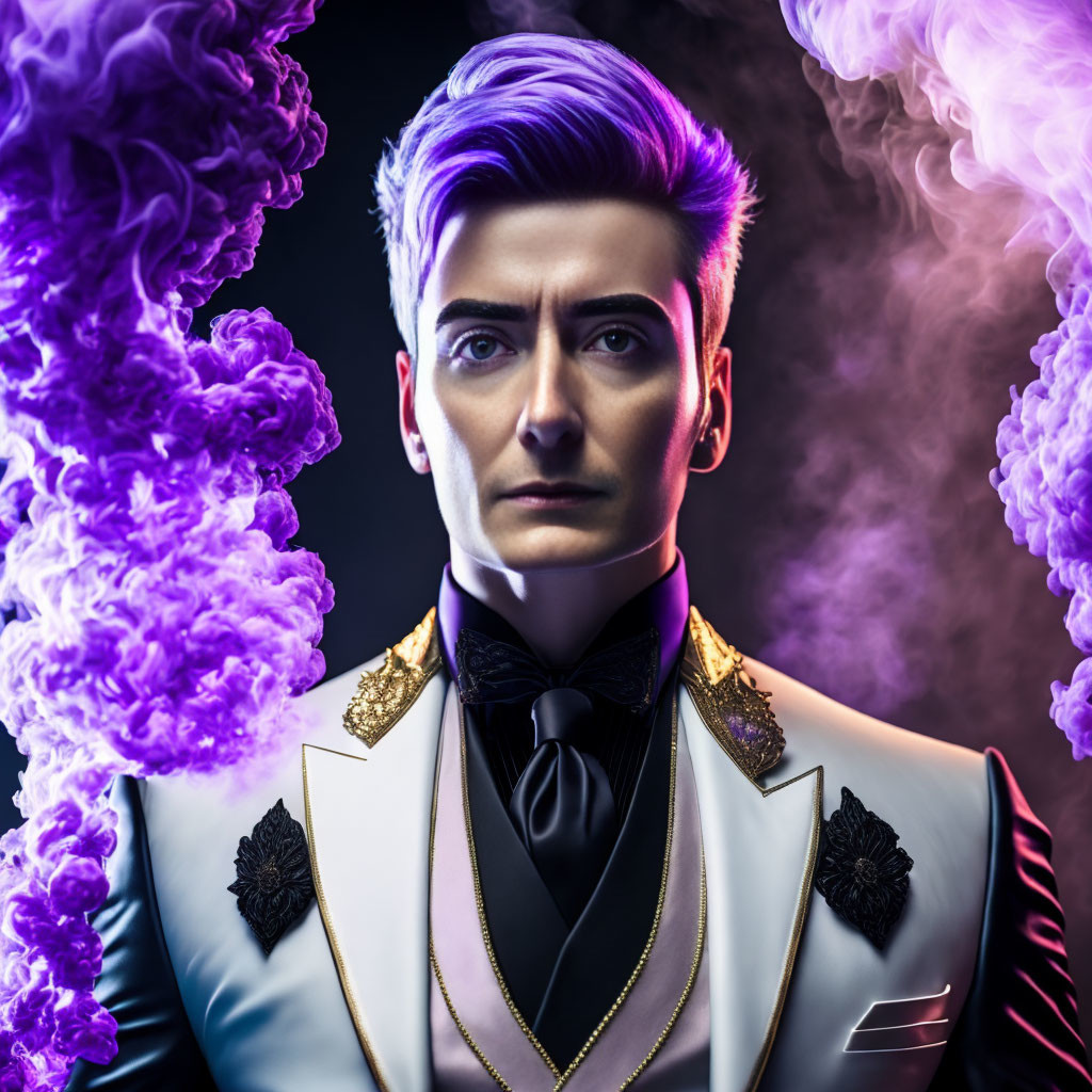 Stylish person in white and gold jacket amid purple smoke