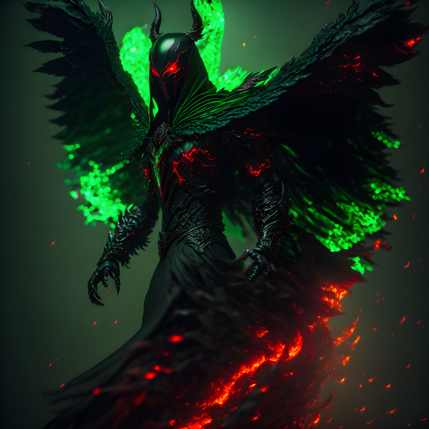 Digital artwork: Figure with glowing green eyes, dark wings, flowing robe with lava-like patterns on mo