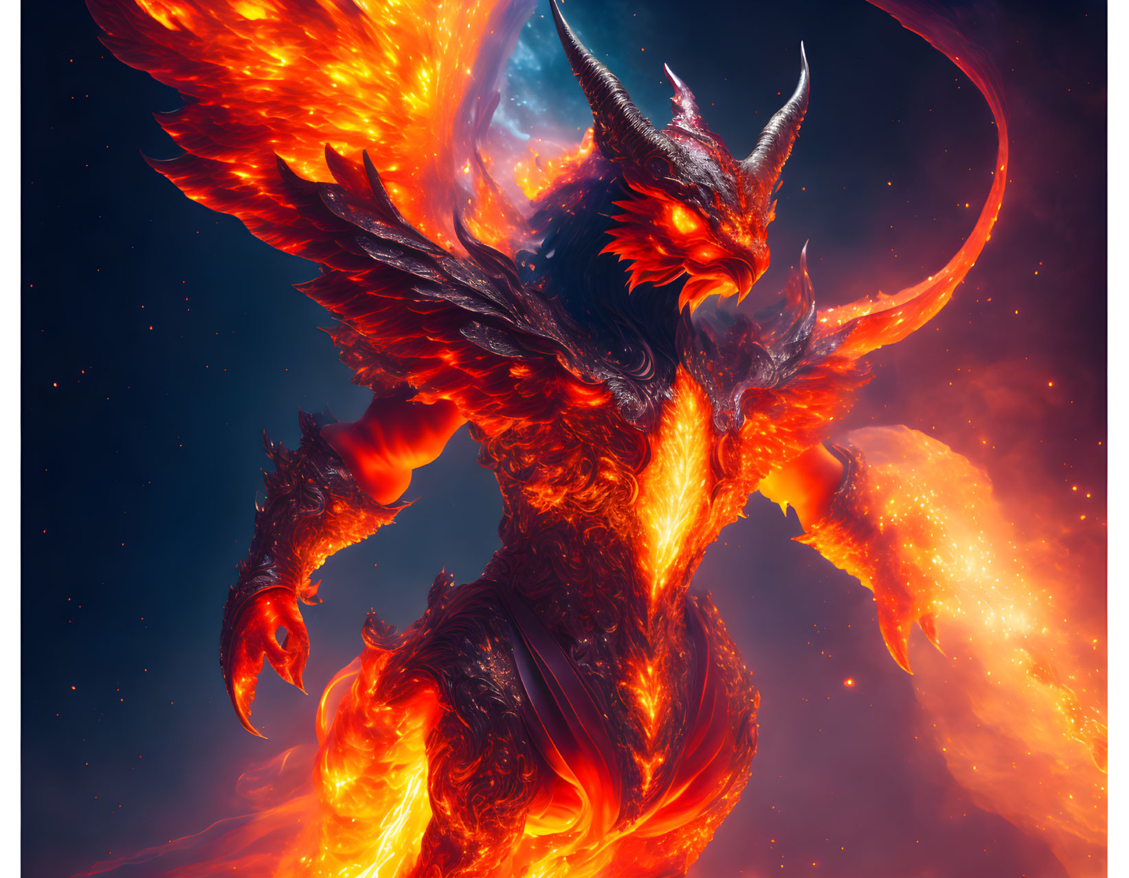 Majestic fiery phoenix creature engulfed in cosmic flames