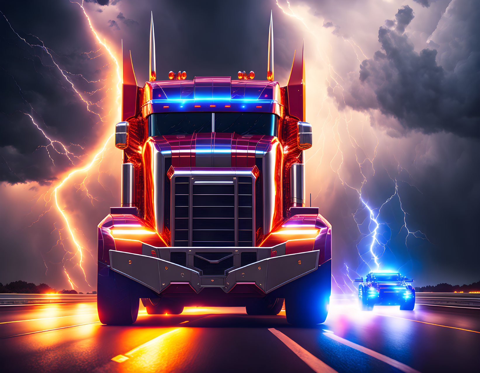 Stormy sky semi-truck and police car on highway