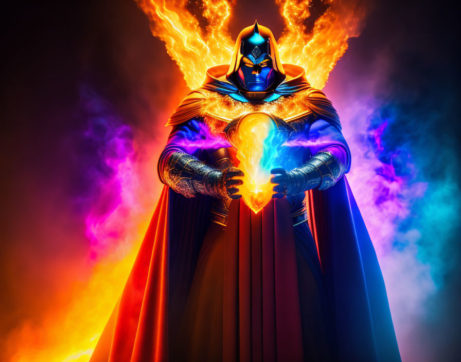 Majestic superhero with glowing orb in fiery backdrop