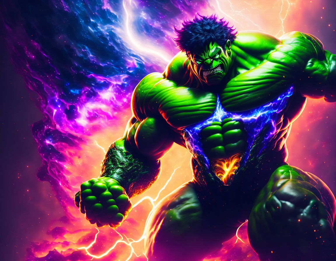 Vibrant Hulk illustration with glowing energy lines on cosmic backdrop