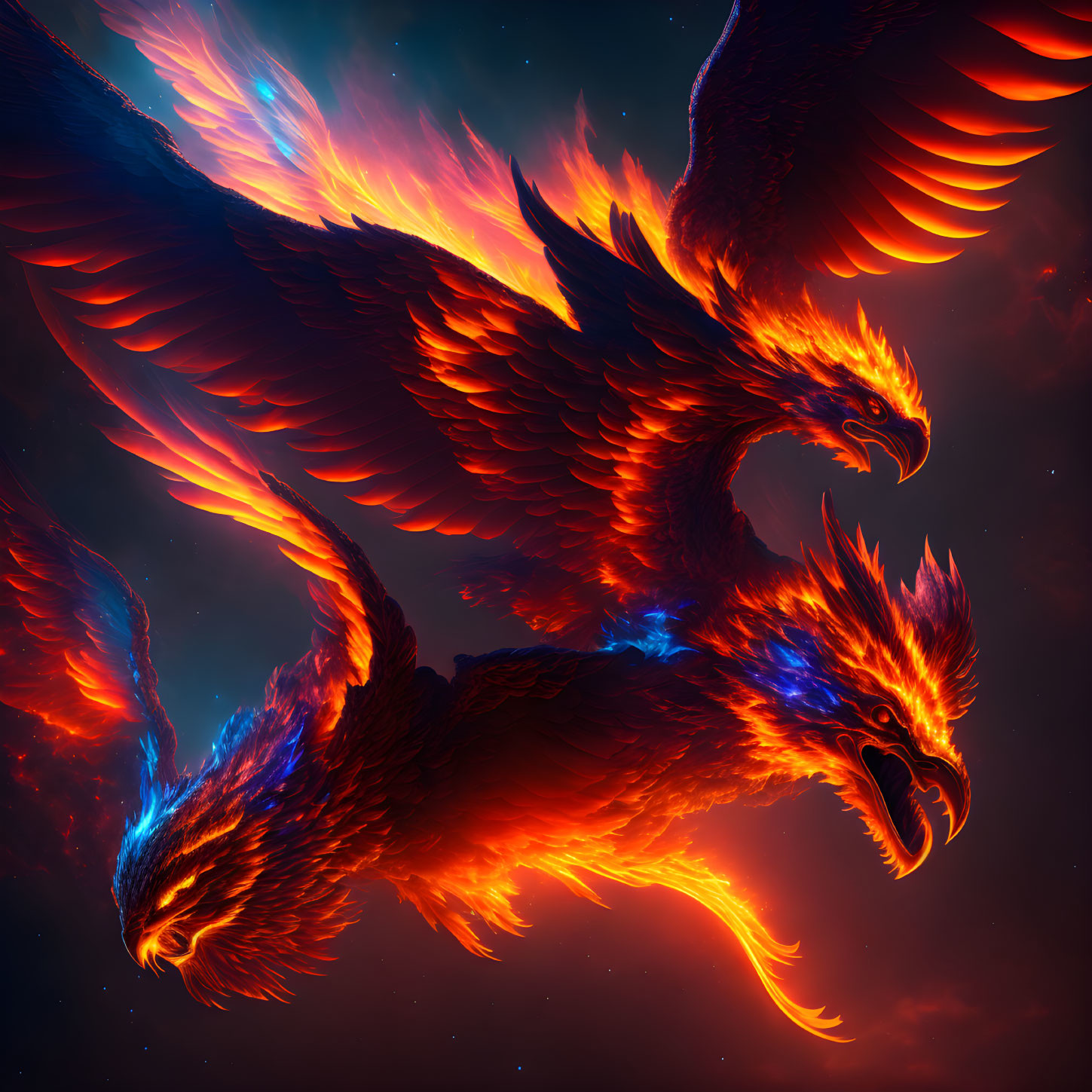 Colorful digital artwork: Three Phoenixes soaring in cosmic sky