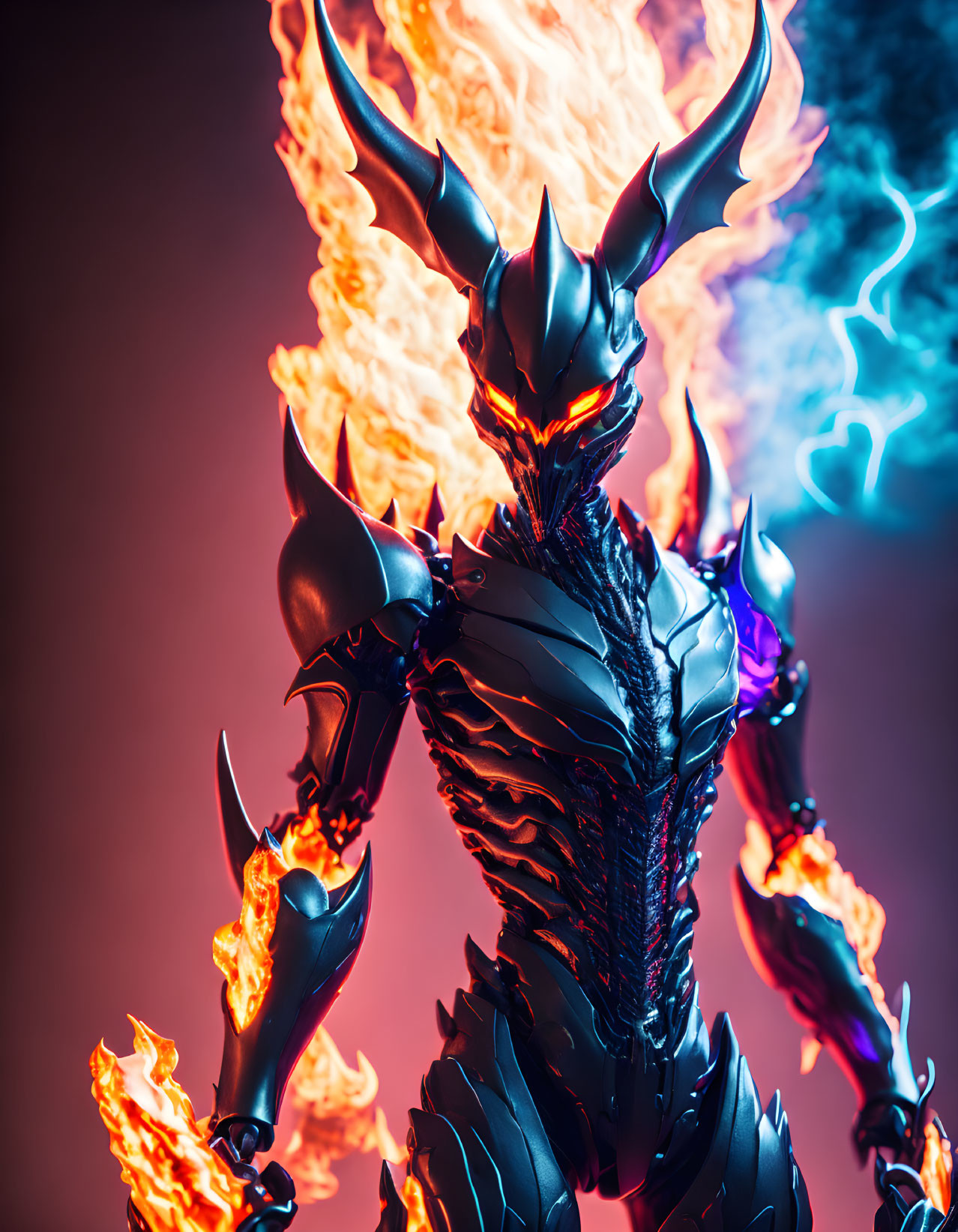 Fantasy armored figure with horns in fiery and icy duality