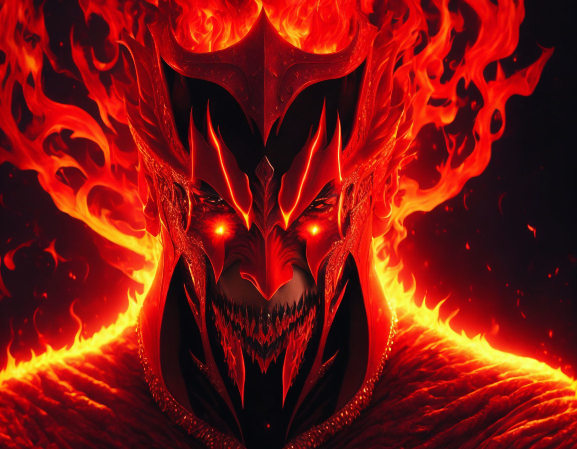 Sinister demon with glowing red eyes in fiery surroundings