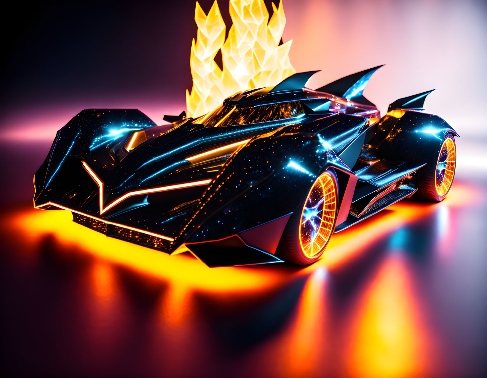 Black sports car with sharp angles, orange glowing wheels, and fiery rear energy