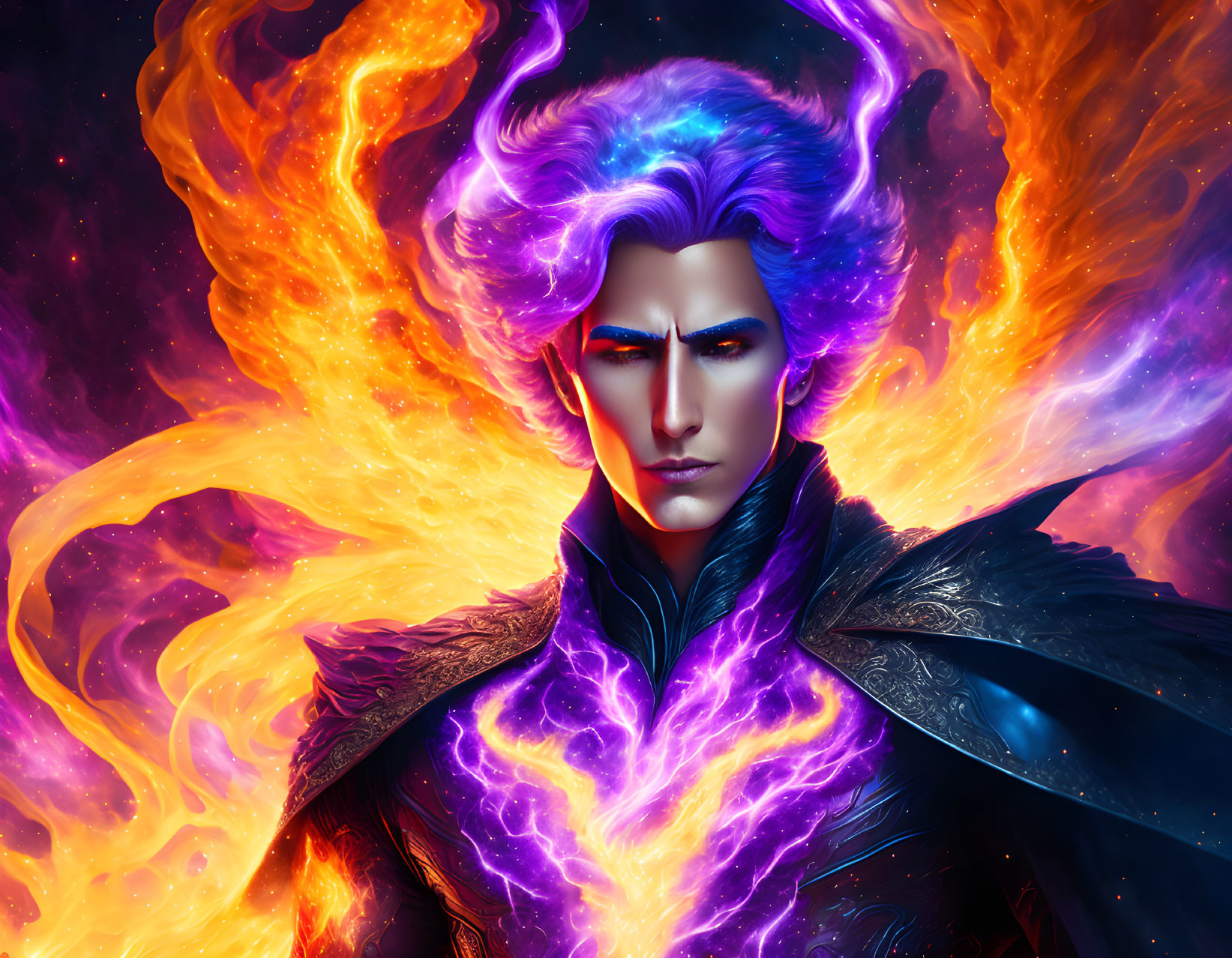 Fantastical male figure with purple and blue hair in vibrant flames