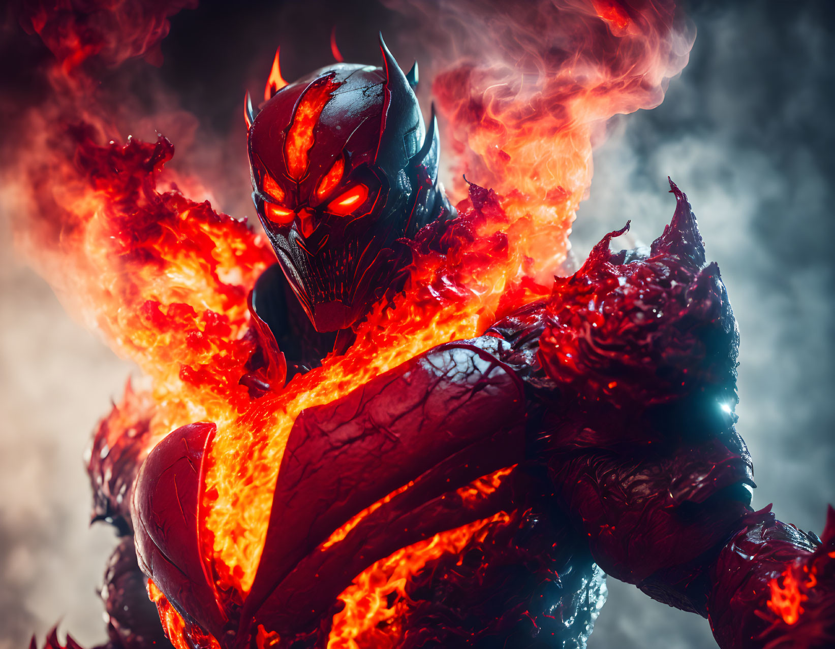 Sinister demonic figure with fiery red eyes and lava-like veins in smoky ambiance