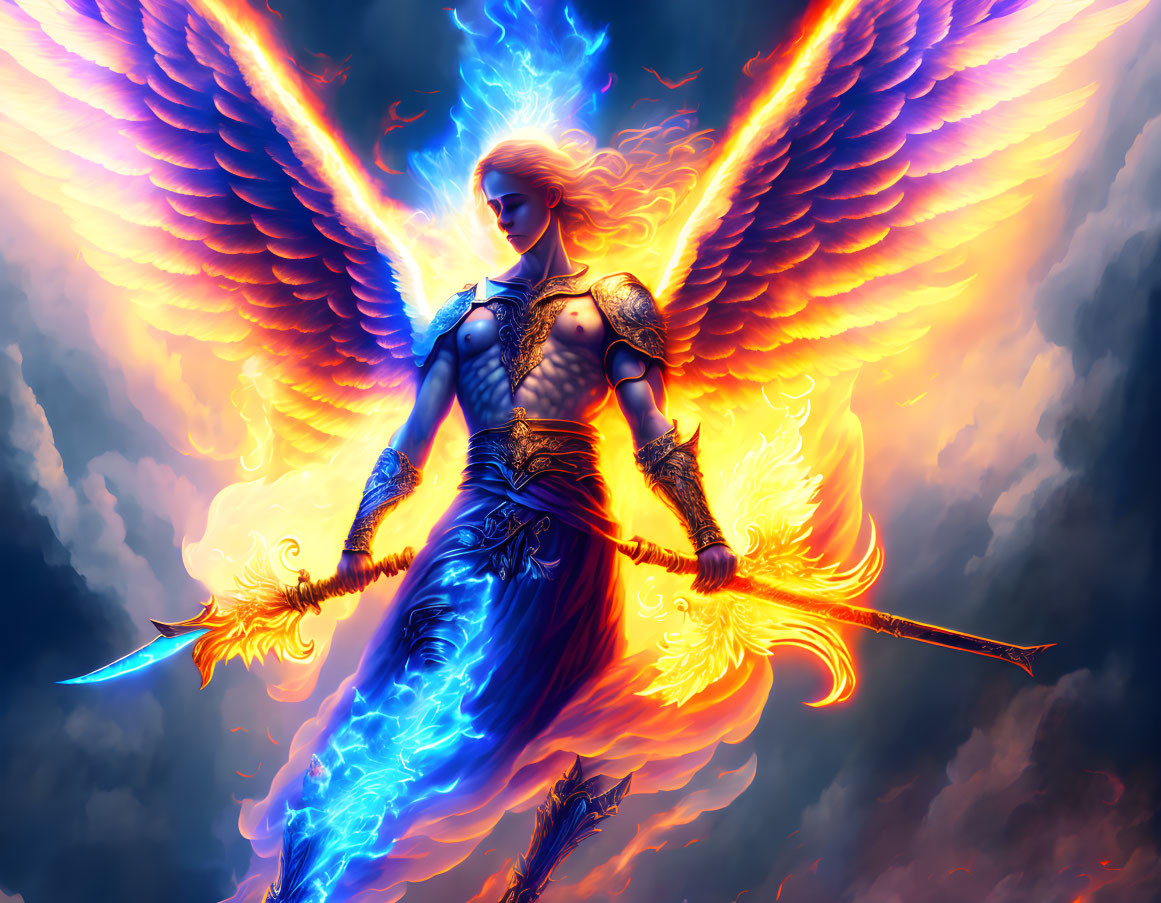 Radiant angelic warrior with fiery wings and flaming sword in stormy sky.