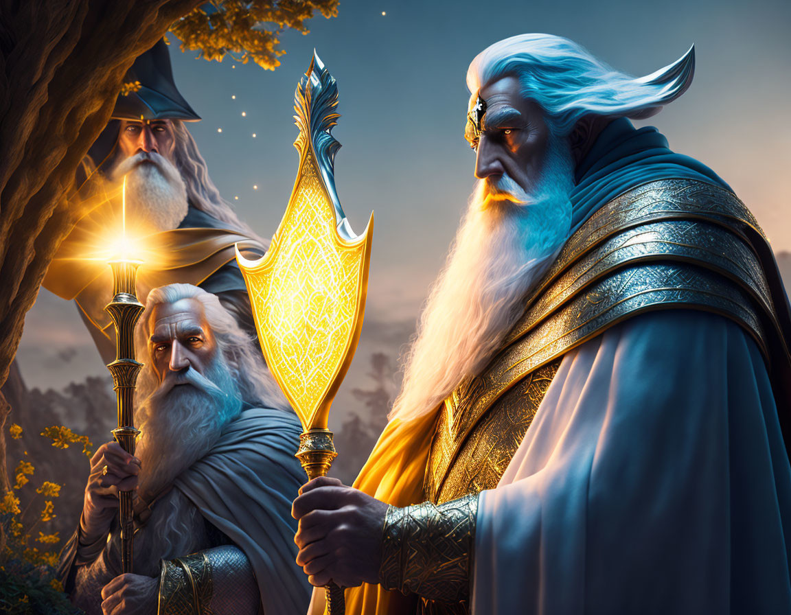 Two wizards with glowing staffs in forest under twilight sky