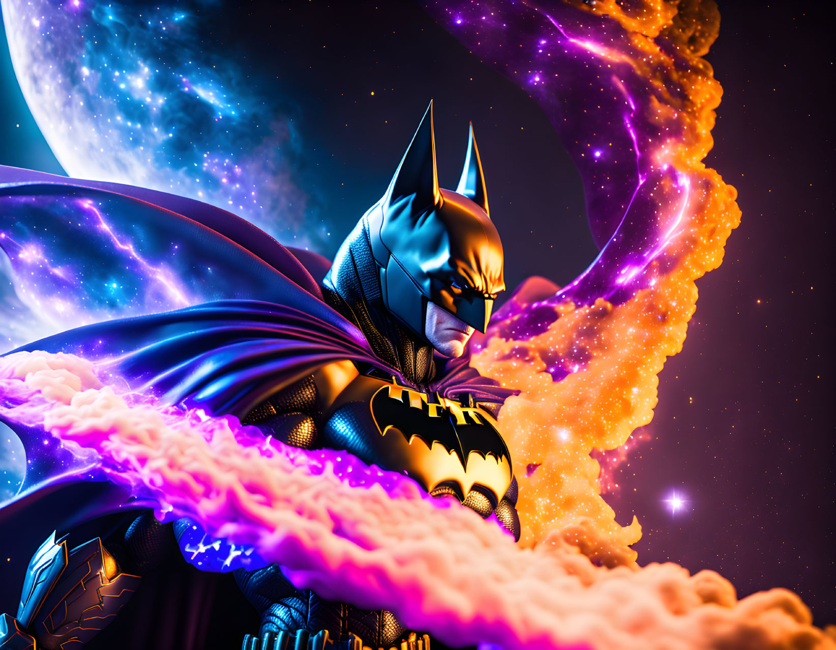 Cosmic Batman Art with Moon, Stars, and Nebulae