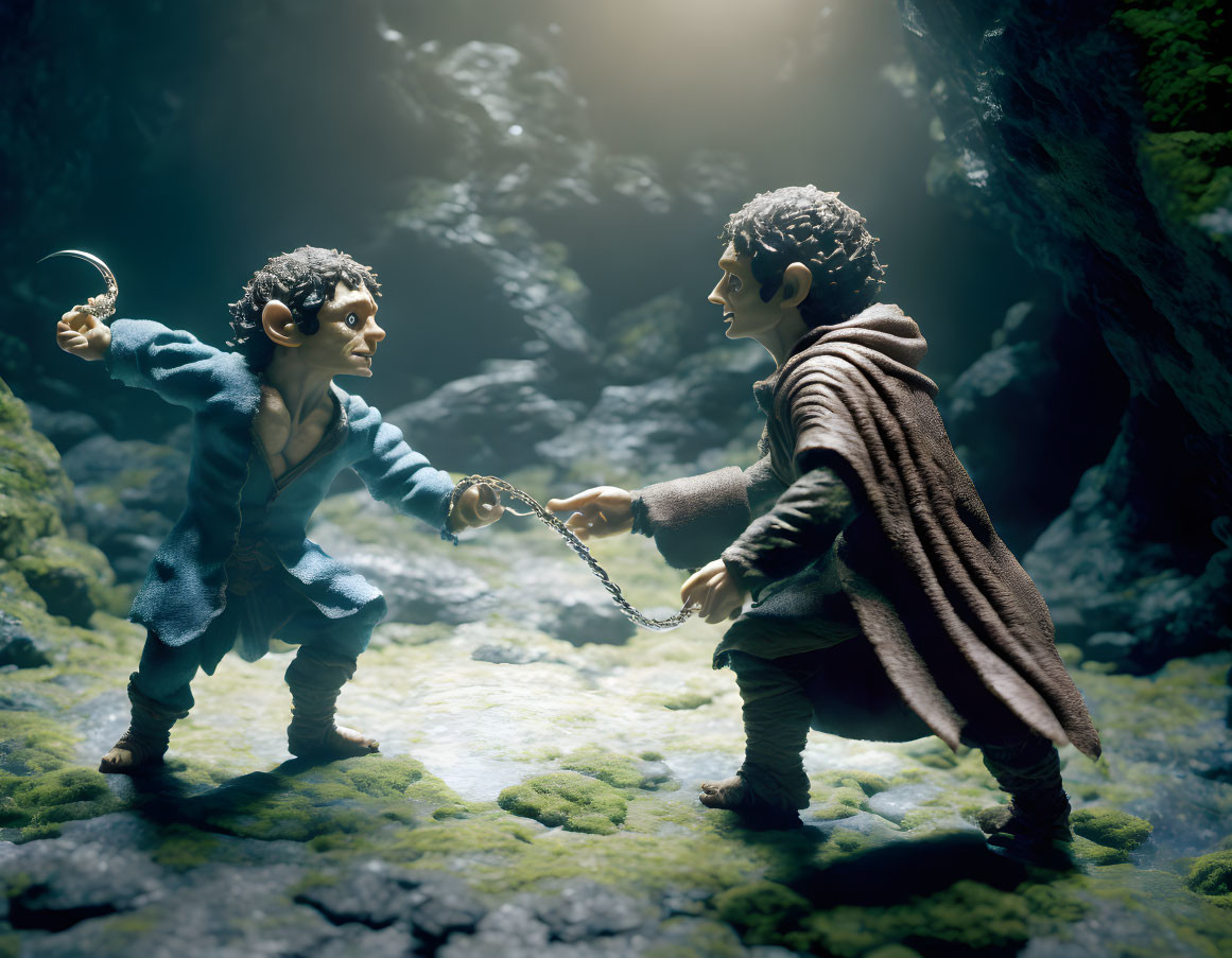 Fantasy character figures in a cave: one kneeling with a chain, facing another standing with concern
