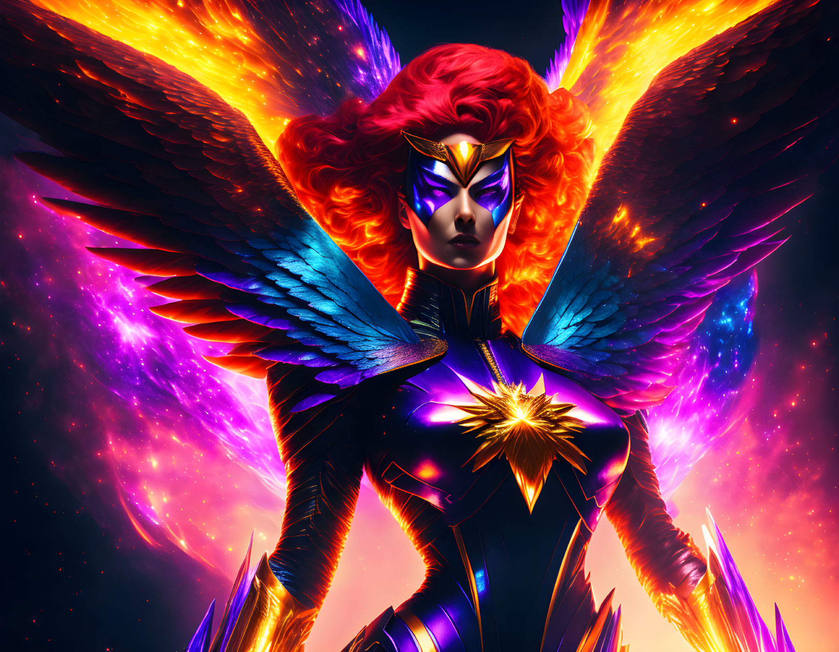 Digital artwork: Female character with phoenix wings in cosmic setting.