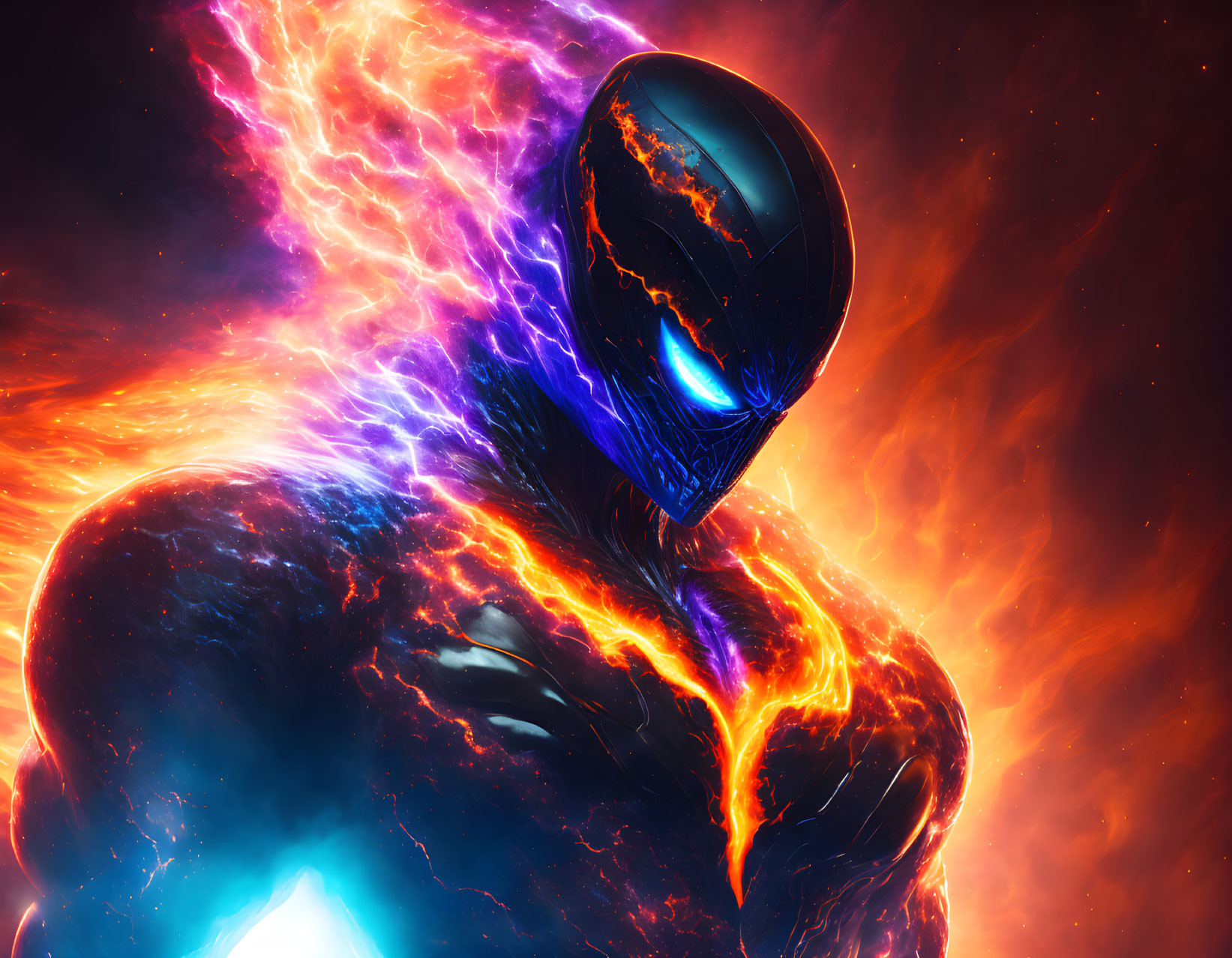 Cosmic-themed digital artwork: humanoid figure with glowing blue face & vibrant nebula energy.