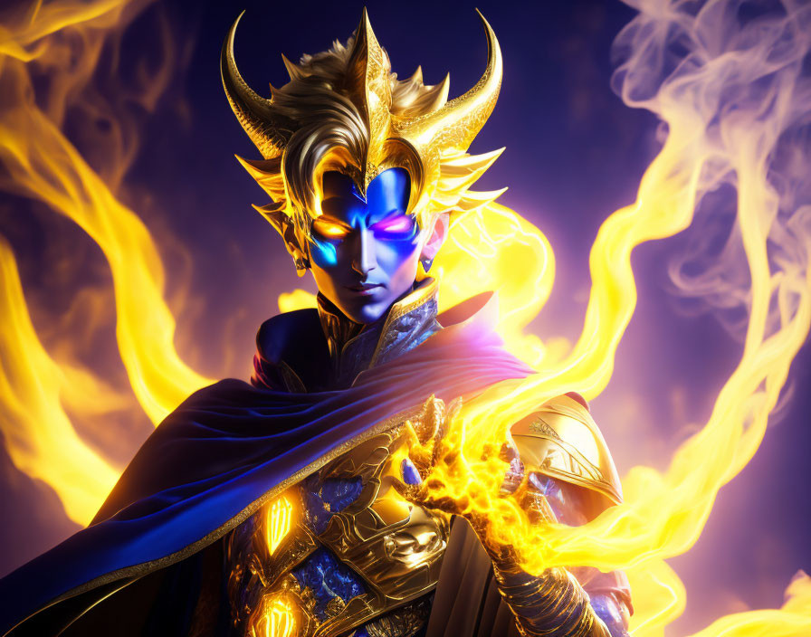 Golden dragon-themed masked figure engulfed in flames on dark background