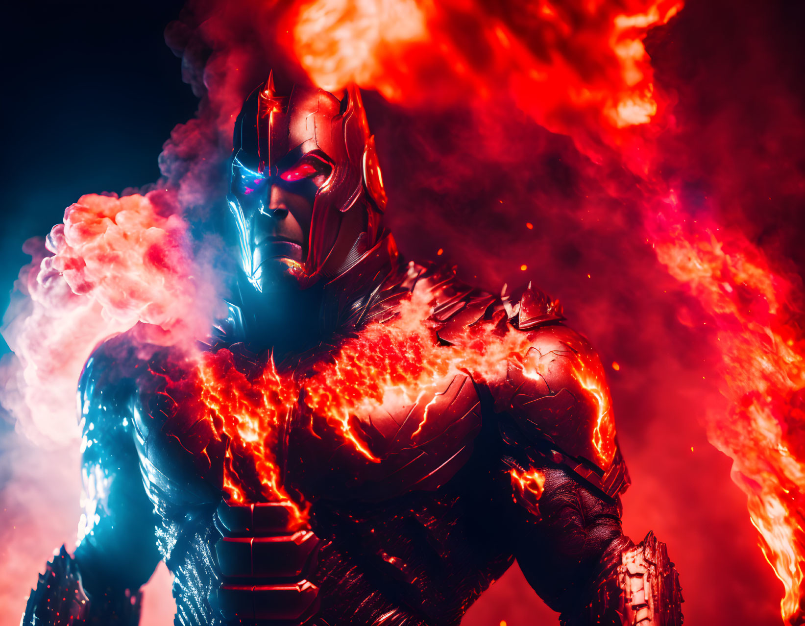 Futuristic armored suit with glowing red lines in fiery backdrop