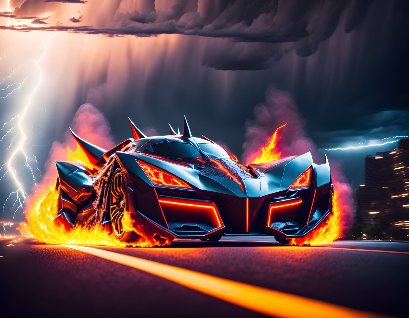 Futuristic car with sharp angles and fiery effects racing under stormy sky