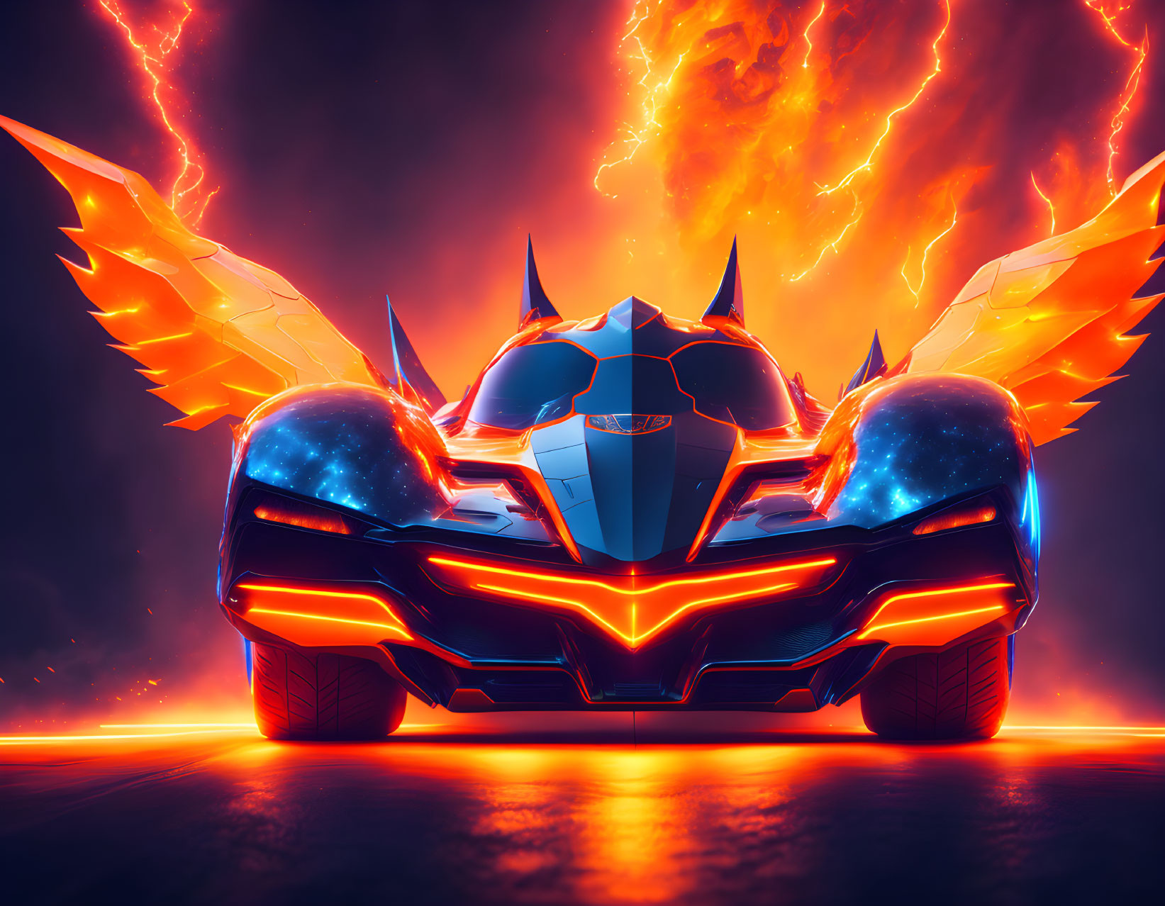 Futuristic car with blue neon lights and fiery wings in lightning backdrop