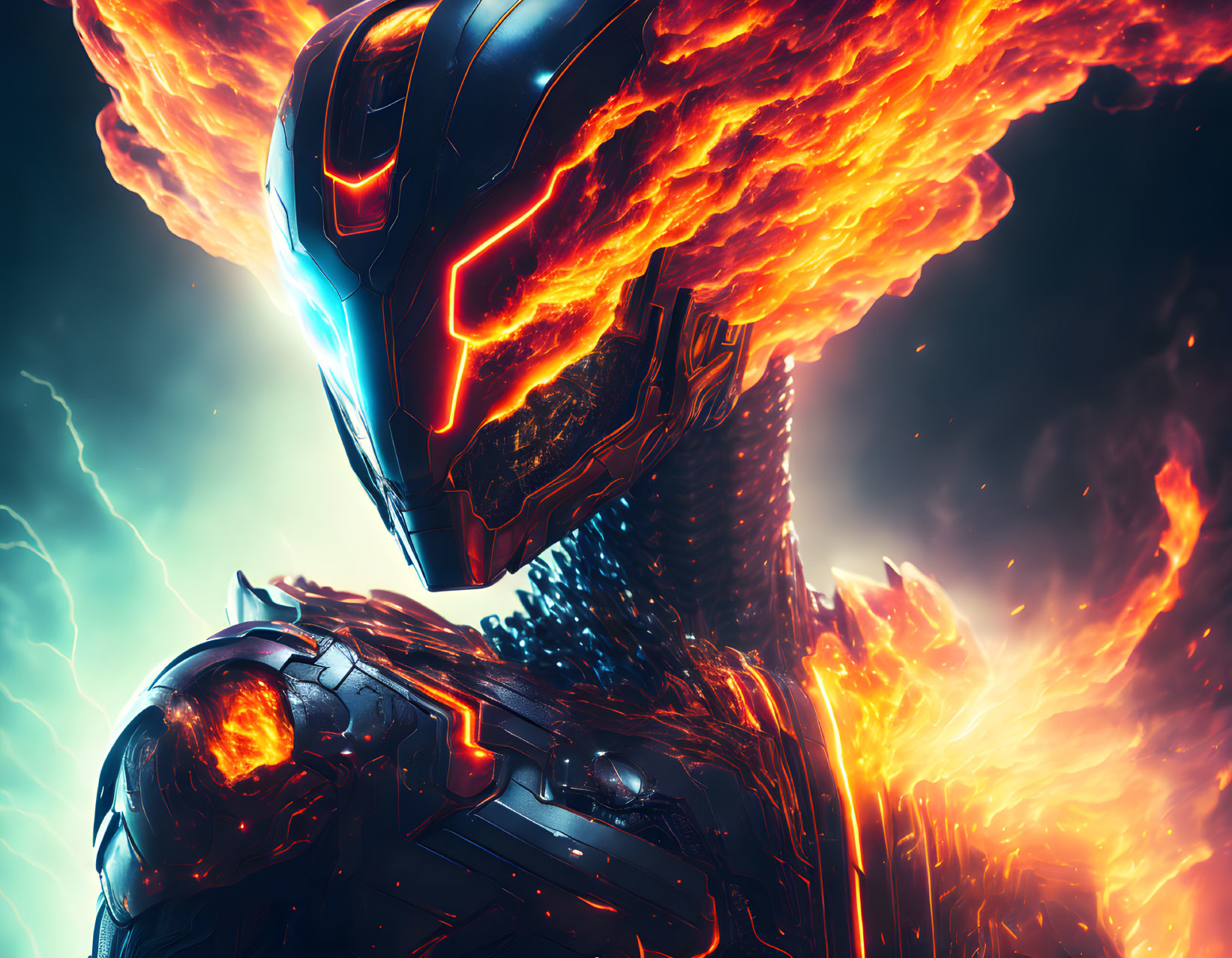 Armored figure with glowing energy lines in fiery backdrop