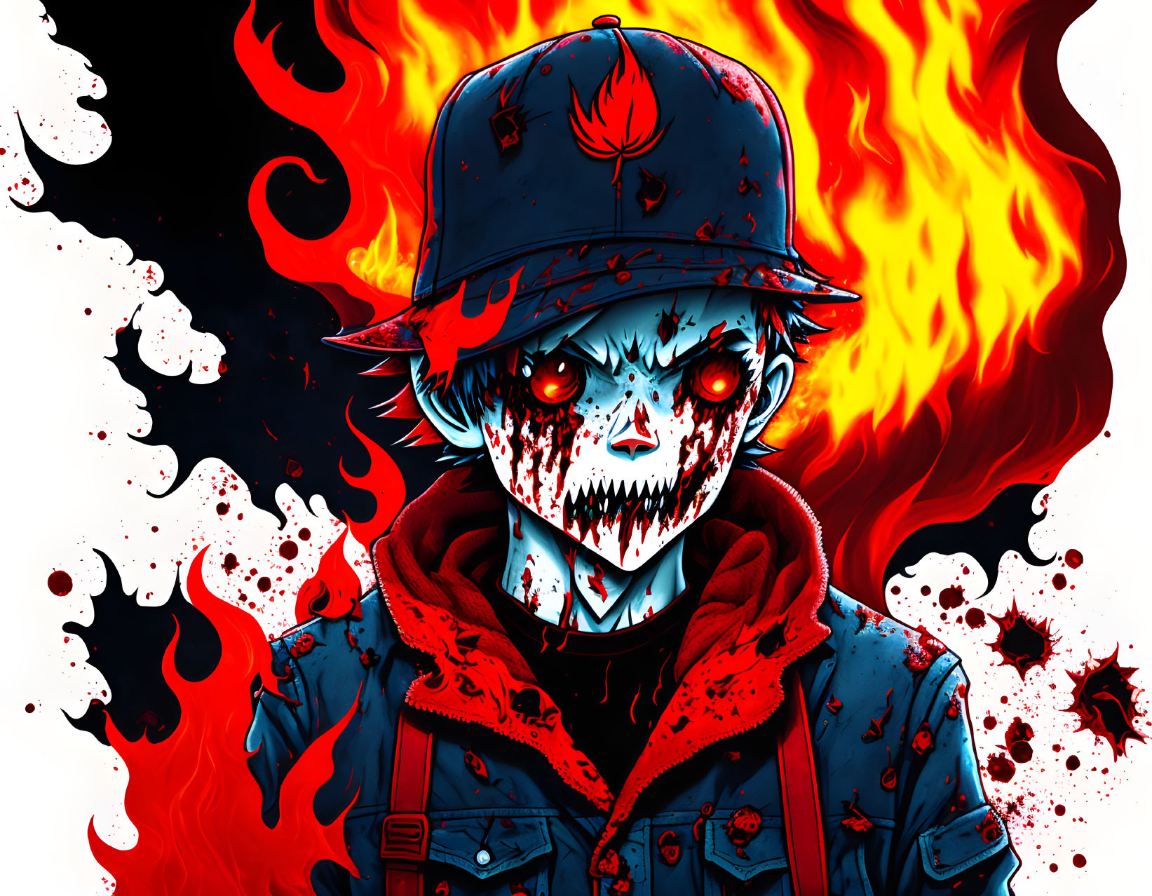 Character illustration with glowing red eyes and flame emblem cap in fiery setting