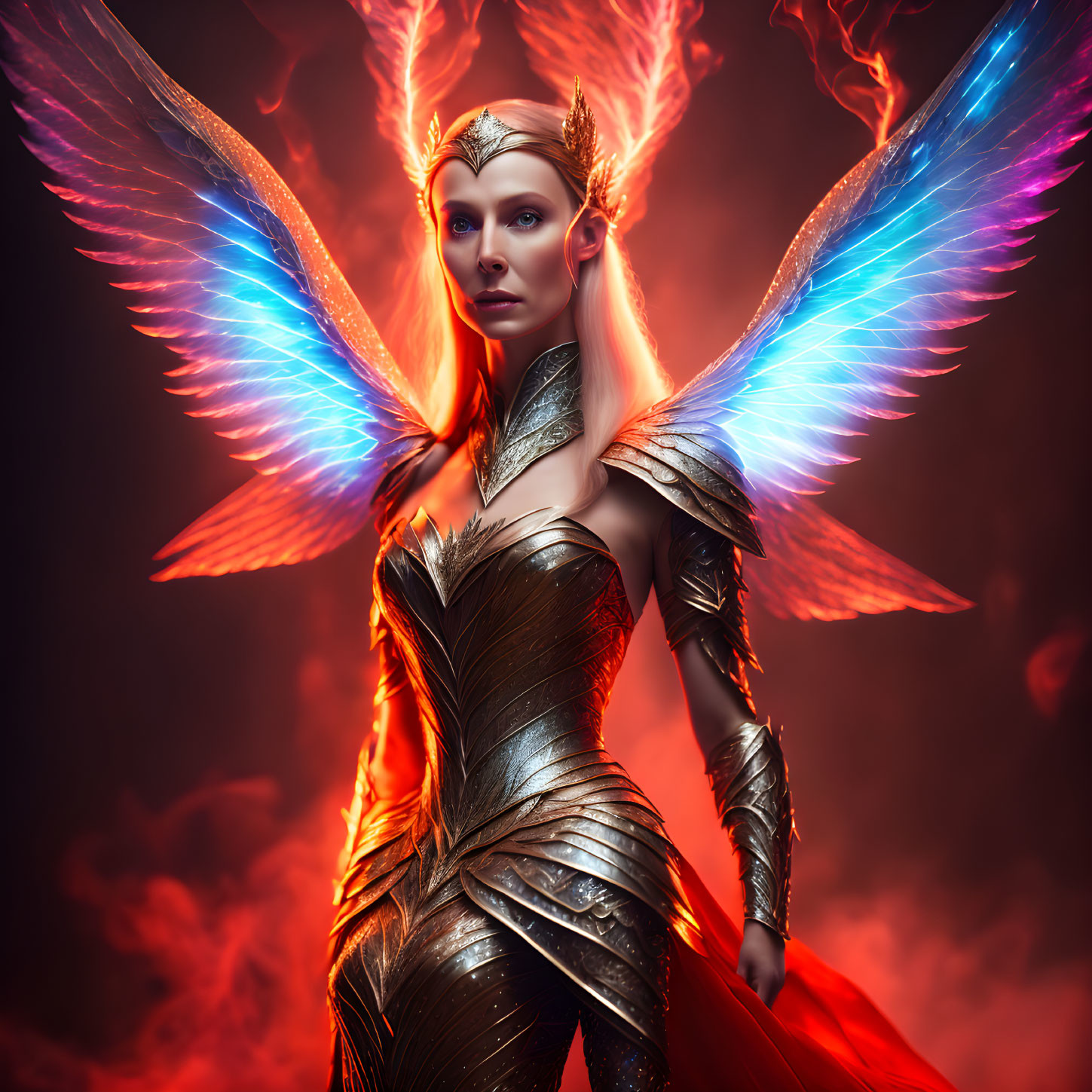 Ethereal woman with multicolored wings and golden crown in fiery setting