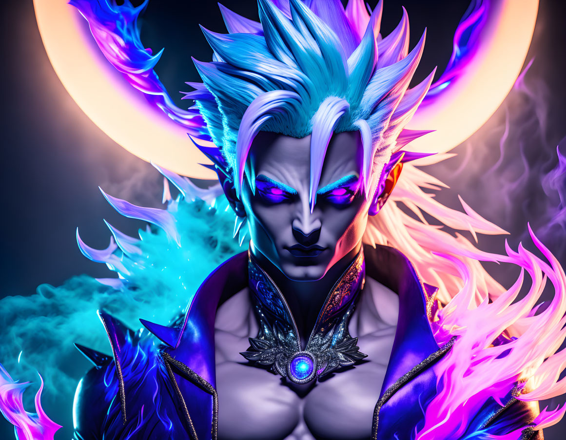 Fantastical character with white spiky hair, blue eyes, blue flames, purple highlights