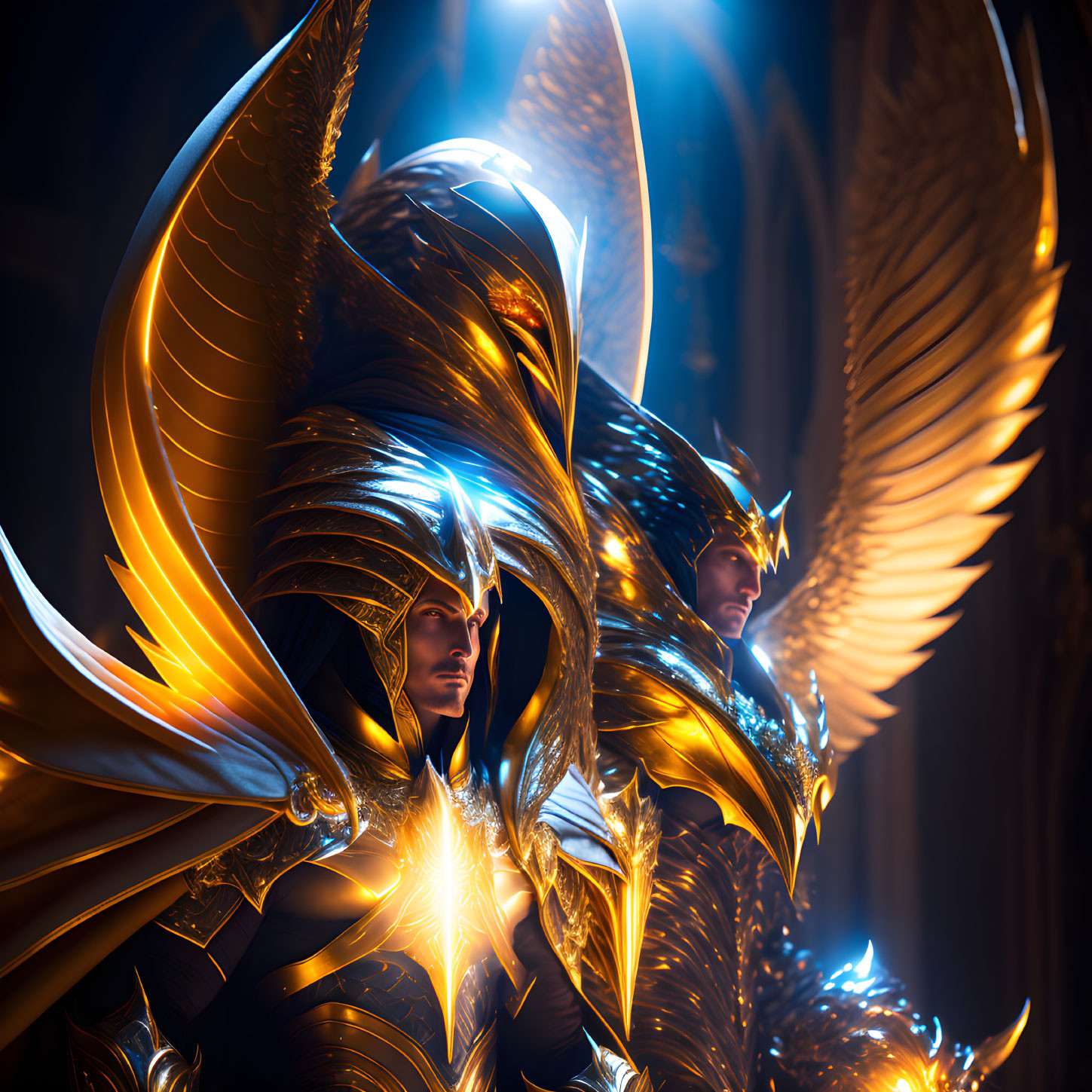 Golden armored figures with winged helmets and glowing energy.