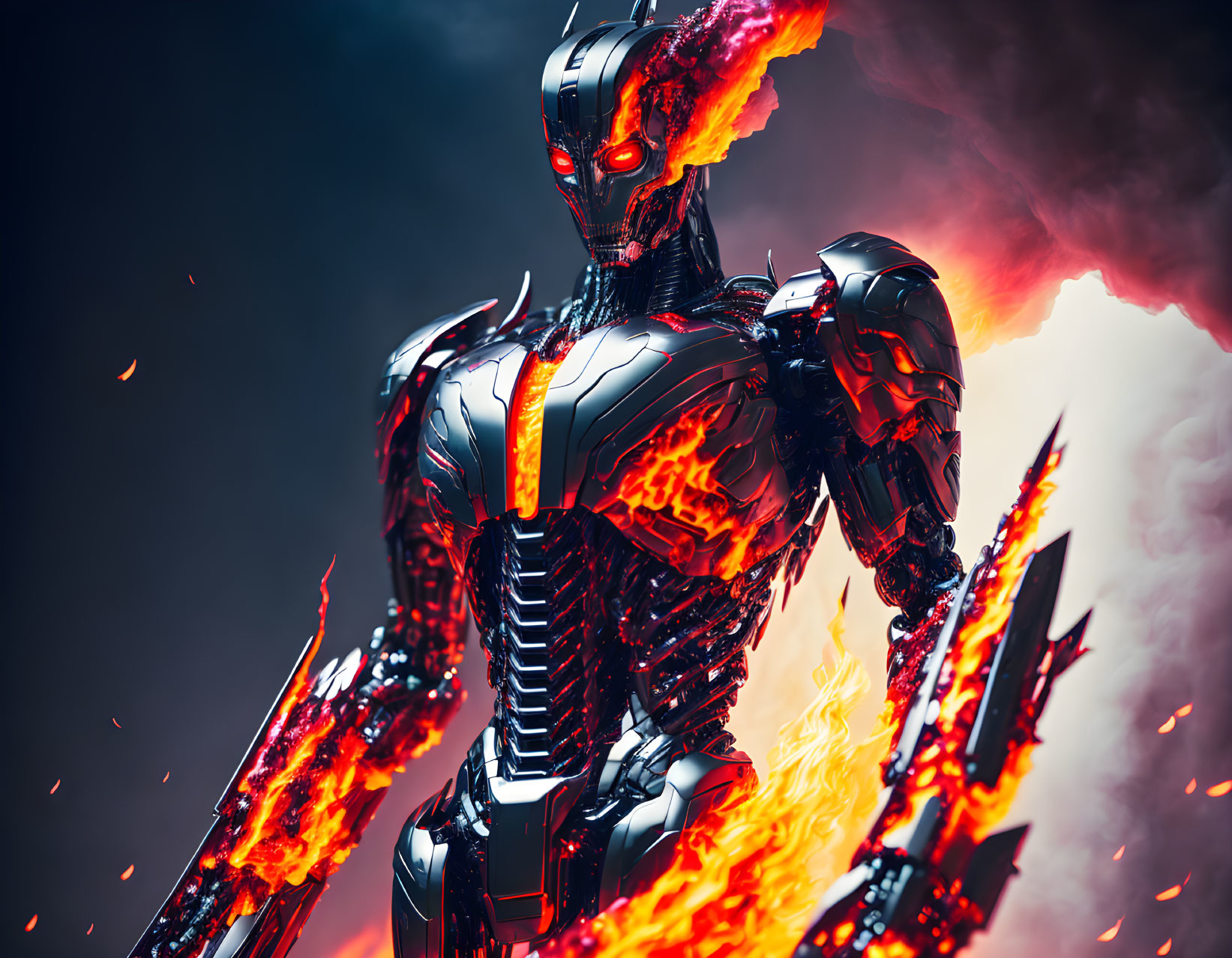 Futuristic robot with glowing red eyes and fiery energy on dark backdrop