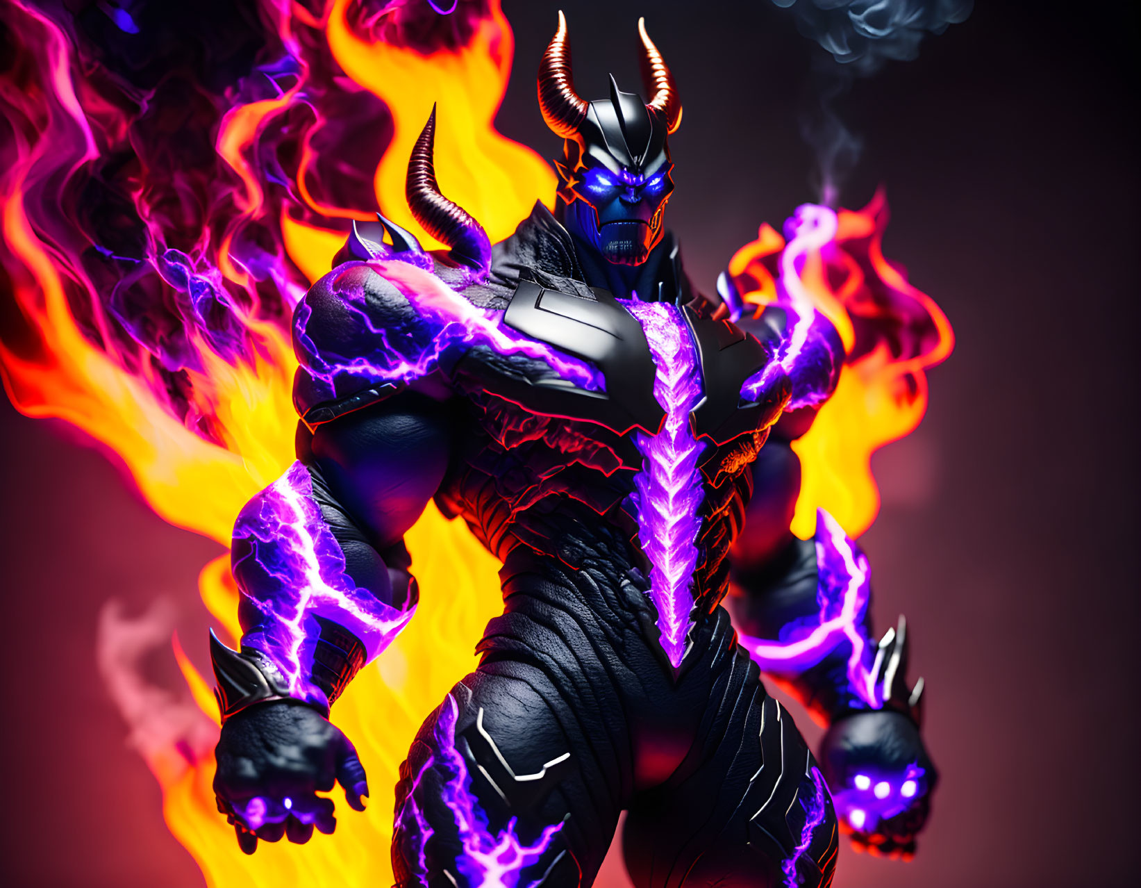 Blue-skinned animated character with glowing purple lines, fiery wings, and horns