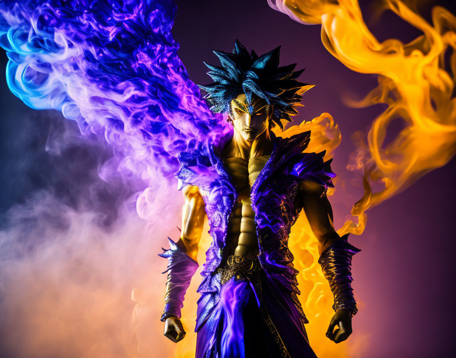 Spiked blue hair figure in purple armor amid swirling smoke