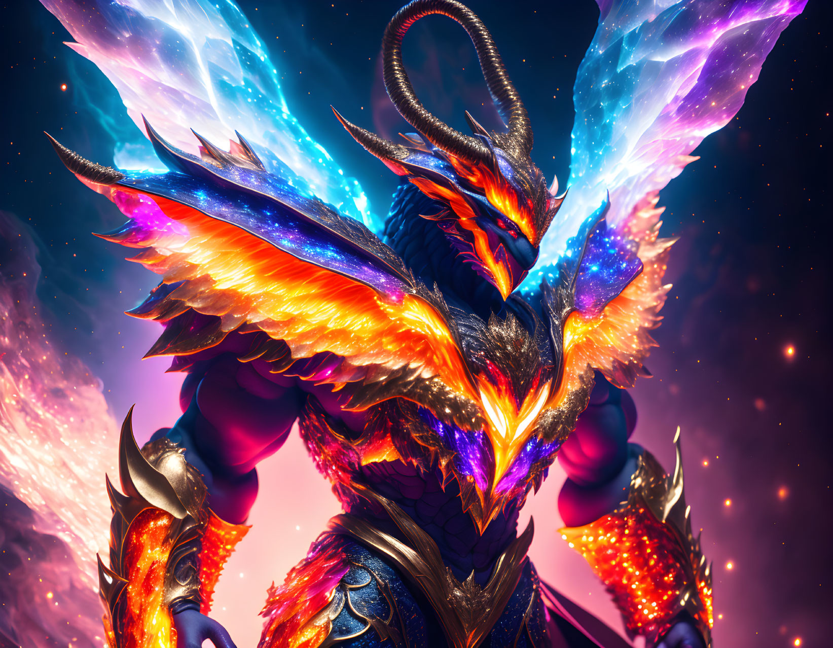 Colorful mythical phoenix creature with fiery and cosmic wings.