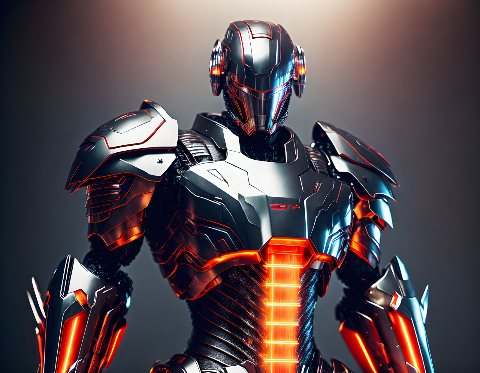 Futuristic robot with metallic armor and glowing red accents