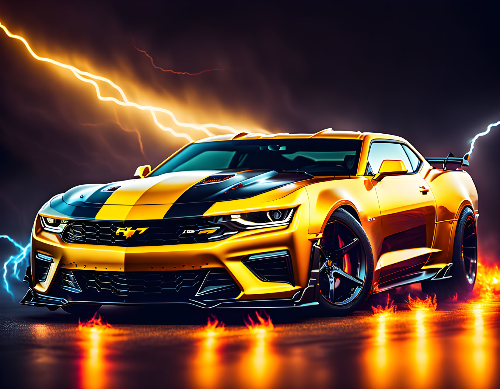 Yellow-striped black Chevrolet Camaro in stormy lightning backdrop