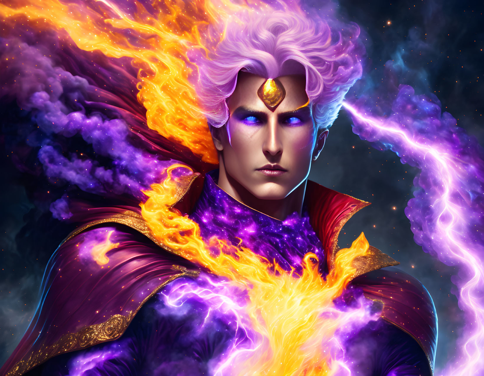 Vibrant cosmic entity with purple flames hair and blue eyes