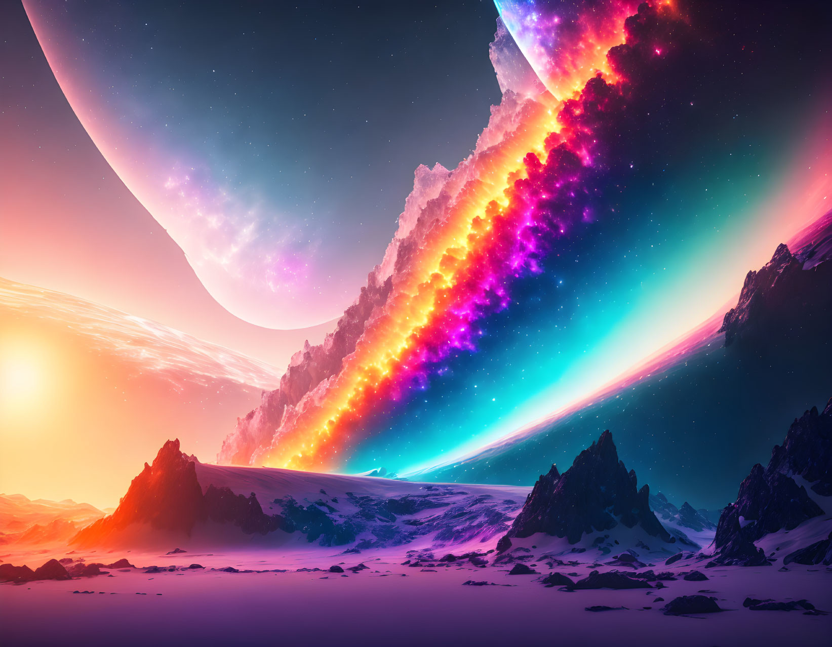 Colorful sci-fi landscape: snowy mountains, cosmic sky, large planet.